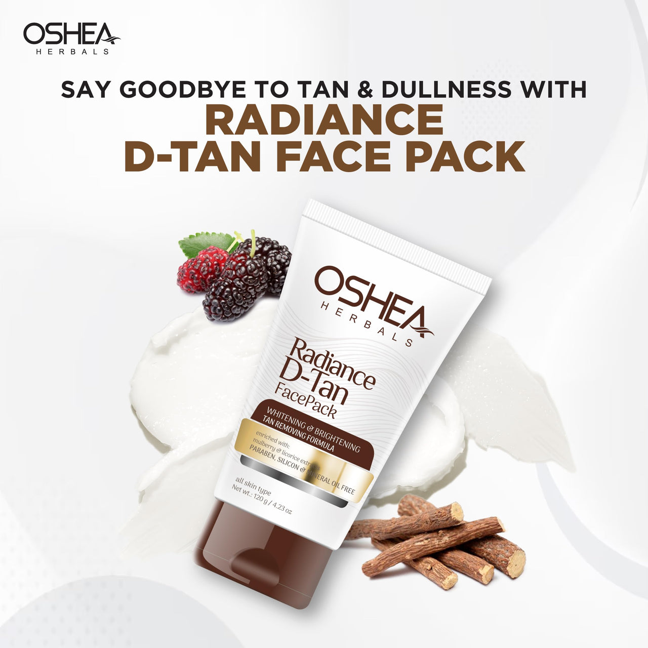 Oshea Herbals Radiance DTan Face Pack for Men & Women | Brightening & Tan Removing Formula | Enriched with Mulberry & Licorice Extracts | Free from Paraben, Silicon & Mineral Oil 120g