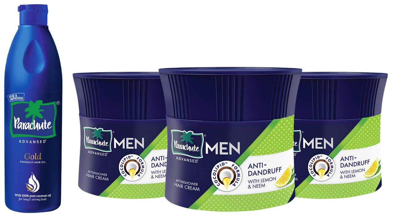 Parachute Hair Cream for Men, 100ml (Pack of 3)|Anti Dandruff |Hair Cream After Shower |Non Sticky,Parachute Advansed Gold Coconut Hair Oil, Pure Coconut Oil, Vitamin E for Long, Strong & Gorgeous H