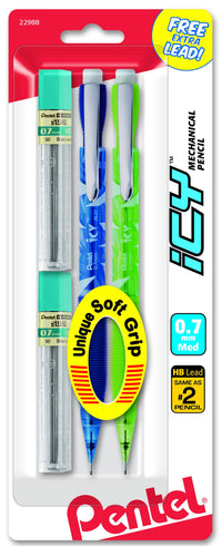 Pentel Icy Automatic Pencil with Lead, 0.7 mm, Assorted Barrels, 2 Pack (AL27TLBP2) 2 Pencils with Lead 0.7 mm