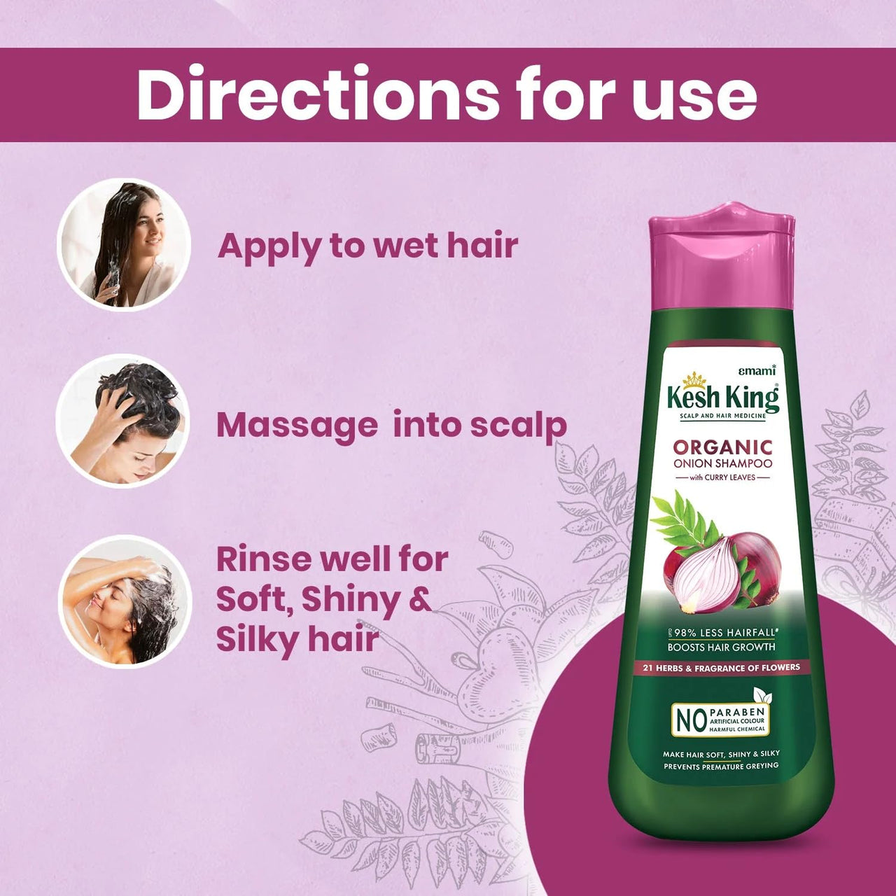 Kesh King Organic Onion Shampoo with Curry Leaves | Anti Hair Fall Shampoo | Reduces Hair Fall Up to 98% & Smooths Hair for 48 Hrs | Ayurvedic Shampoo | Paraben Free - 300ml