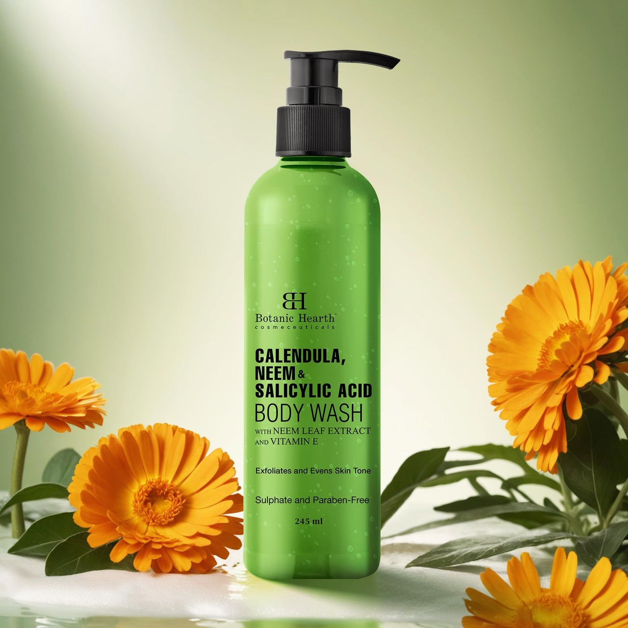Botanic Hearth Calendula, Neem & Salicylic Acid Body Wash | Prevents Acne & Back Acne, Removes Dead Skin, Exfoliating Body Wash Shower Gel for Women & Men | Sulfate & Paraben Free | 245ml