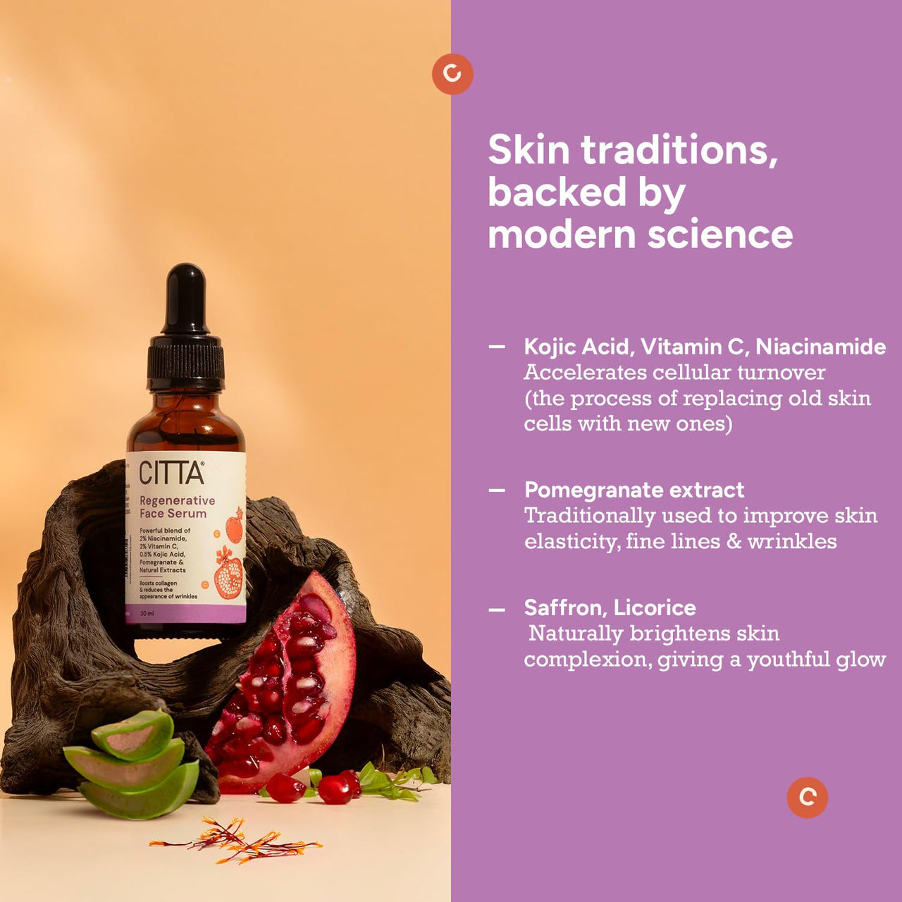 CITTA Regenerative Face Serum | Wrinkle Lift & Anti-Aging Night Serum | Niacinamide & Kojic Acid for Wrinkle Correction | For Women & Men | All Skin Types | 30ml