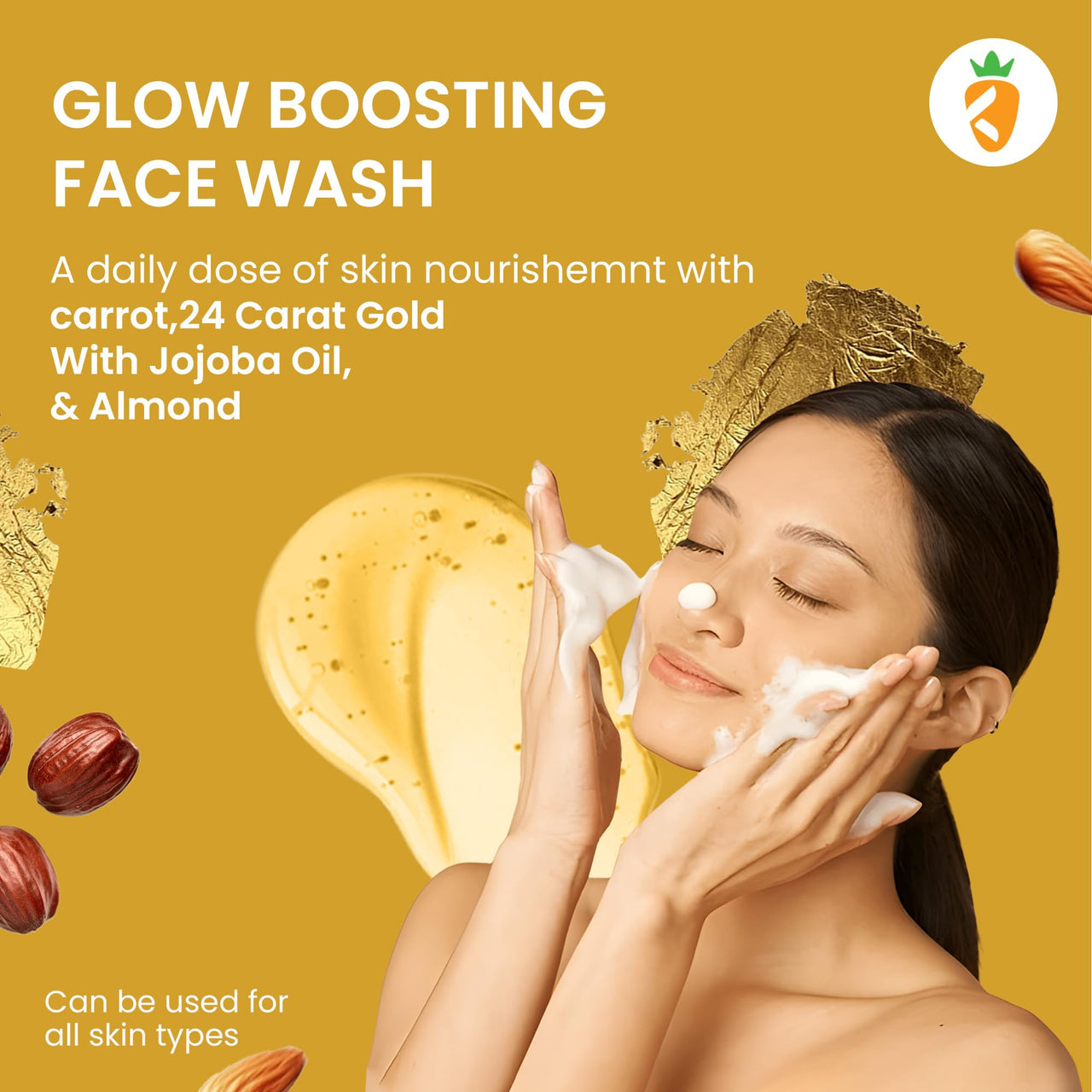 Karrot Natural Skincare Face Wash for Glowing Skin, Boosts Radiance, 24 Carat Gold with Hyaluronic Acid, Carrot, Almond, and Jojoba Oil, For Women and Men, Suitable for All Skin Types, 100 ml