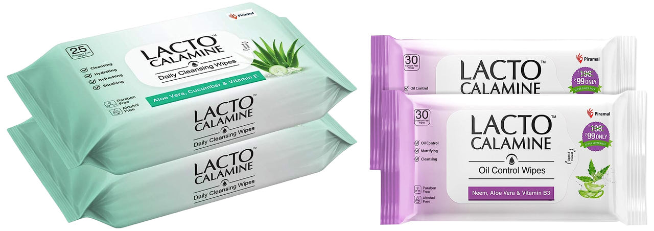 Lacto Calamine Oil Control Face Wipes with Neem, Vitamin B3 and Aloe Vera White, 60 Count, Pack of 2 & Lacto Calamine Daily Cleansing Face Wipes, Pack of 2, 50 Count