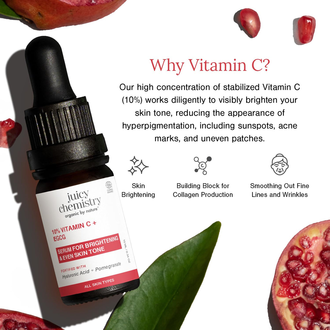 Juicy Chemistry 10% Vitamin C + EGCG Serum, 10 ml | Face Serum for Glowing Skin with Hyaluronic Acid | Fades Dark Spots, Pigmentation & Brightens Skin | Beginner Friendly - Men & Women
