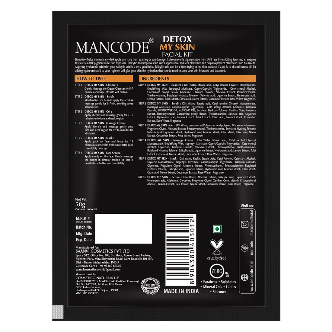 Mancode Detox My Skin Facial Kit For Men | Salon-Like Glowing Skin In 6 Easy Steps | Improves Skin Texture | Instant Glow | Suitable For All Skin Types - 2 x 58 G (Pack of 2)
