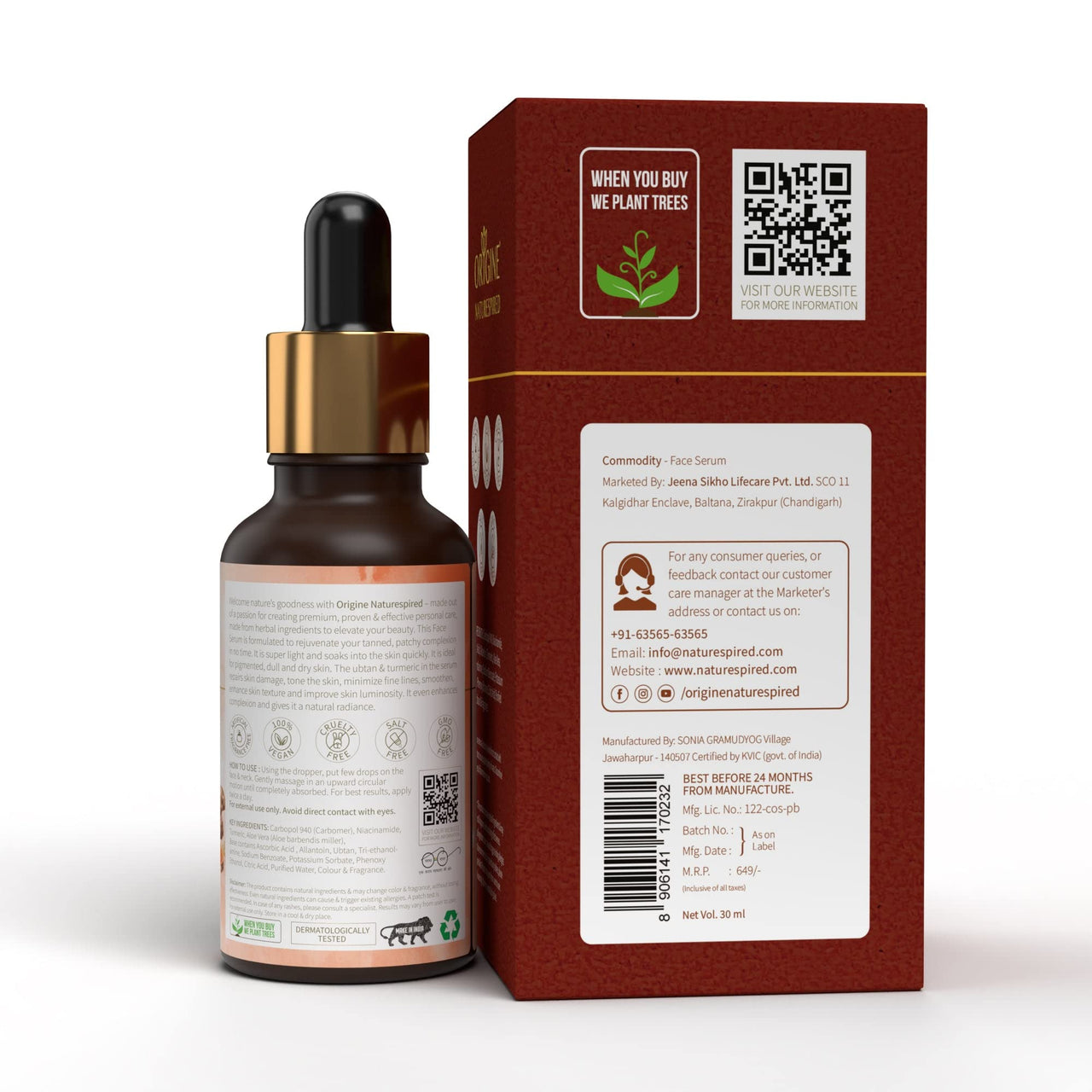 Origine Naturespired Face Serum to Rejuvenate Tanned Skin | Tan Removal Serum with Ubtan & Turmeric | Serum Help Reducing Wrinkles & Fines Lines, Dark Spots Face Serum | SLS & Paraben Free, 30 ml