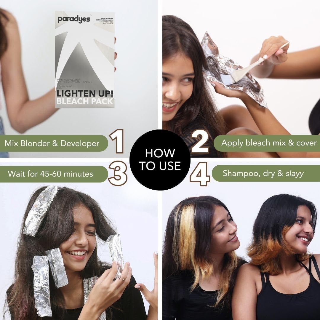 Paradyes Lighten Up! Bleach Pack 30 Vol. enriched with Flax Oil, Almond Oil and Olive Oil to lighten dark hair, suitable for All Hair Types