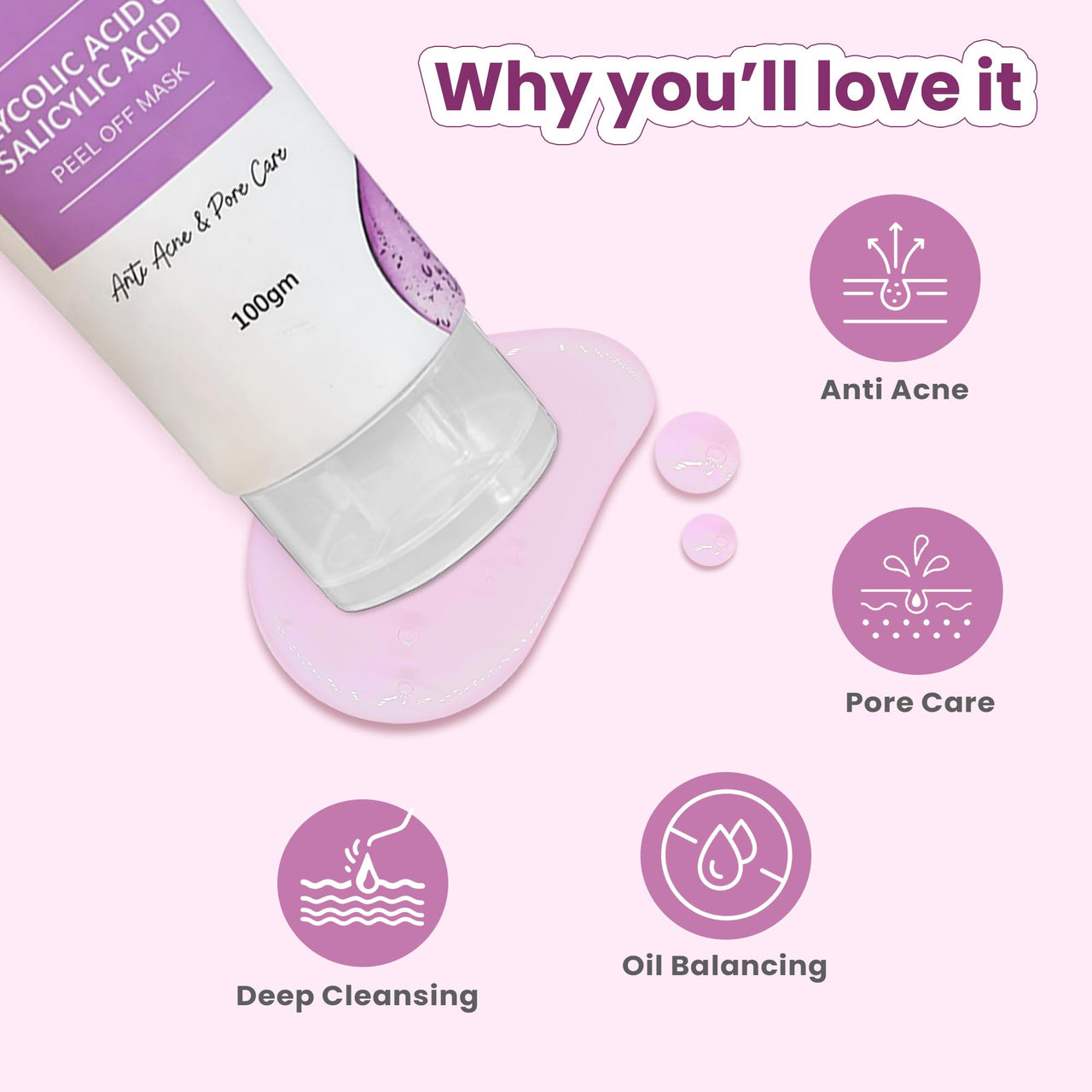 Glamveda 0.05% ww Glycolic Acid & 0.05% ww Salicylic Acid Anti Acne Peel off mask | For Oily & Acne Prone Skin | Oil balancing, Deep Cleansing | Blackhead & Pore care | 100gm
