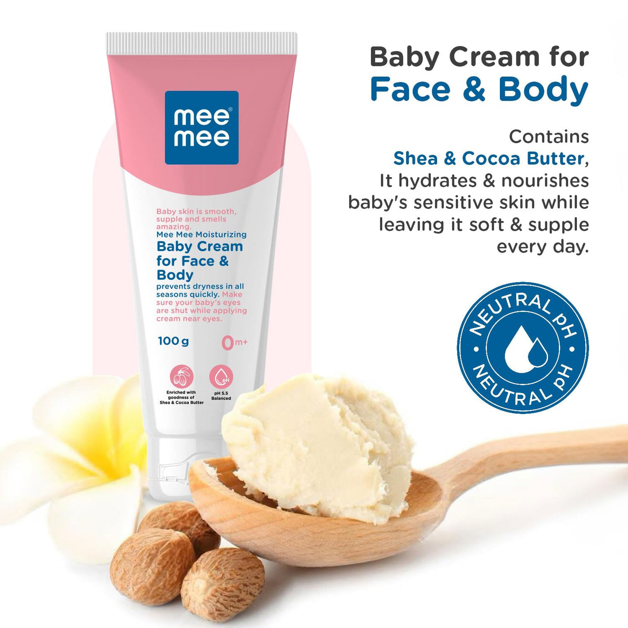 Mee Mee Moisturizing Baby Cream For Face & Body, Shea & Cocoa Butter, 24 Hrs Moisturization - 100 g