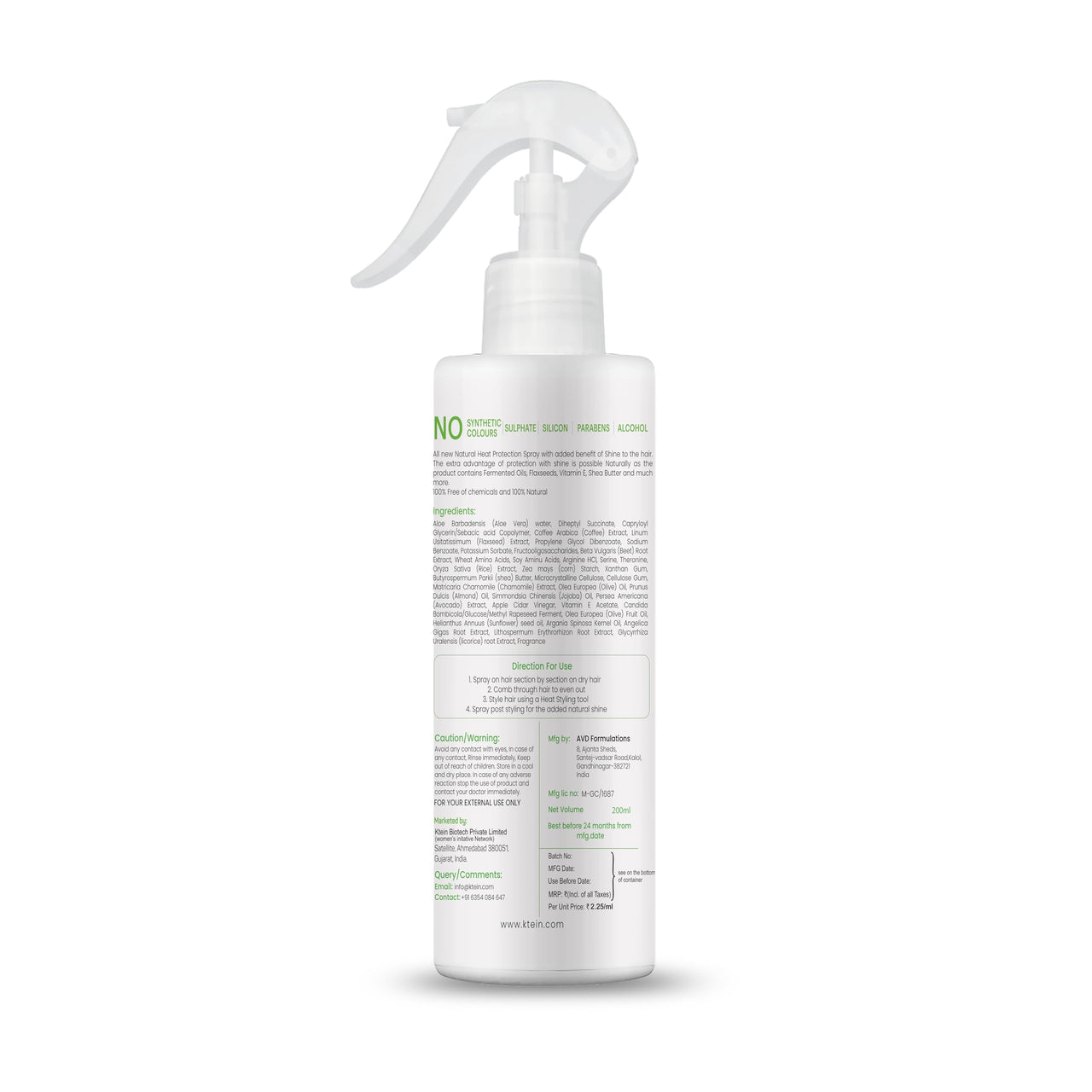 ktein 100% Plant Based Natural Hair Heat Protection with Xtra Shine Spray Hair Spray (200 ml)