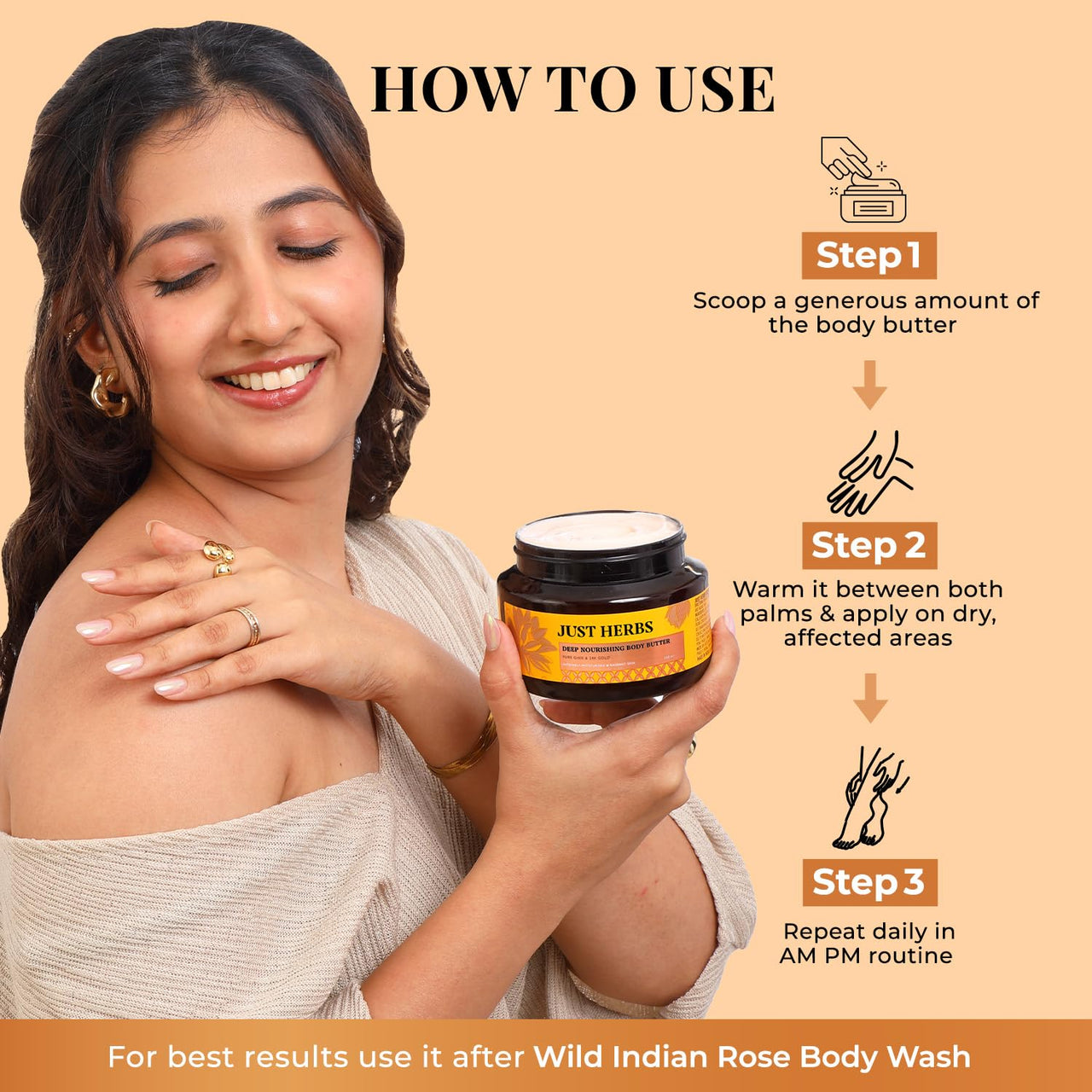 Just Herbs 24K Gold with Pure Ghee Deep Nourish Body Butter Cream for Anti Ageing | Improve Skin Elasticity | Reduce Dullness & Blemishes | Non Sticky | Instant Hydration All Skin Types Moisturiser for Men and Women 250ml