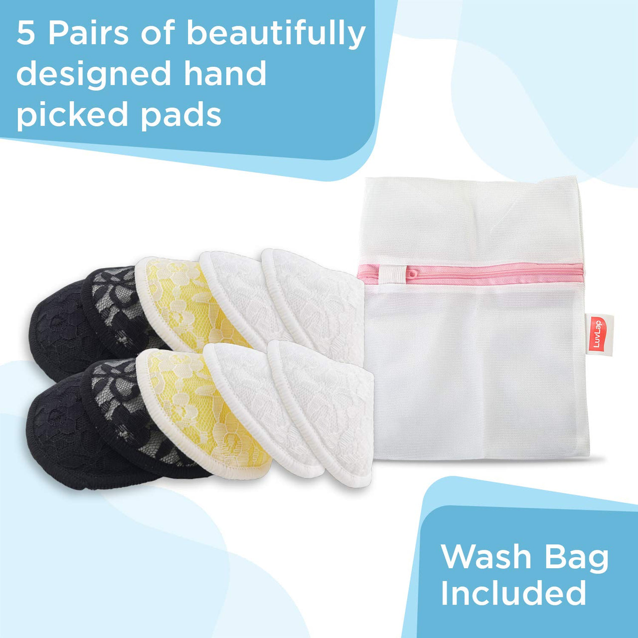 LuvLap Natural Bamboo Washable Nursing Breast Pads for Breast feeding mothers, Beautiful Lace Style, Contoured Shape for snug fit, Nipple Pad, Includes Laundry Bag, Super absorption, 10Pc