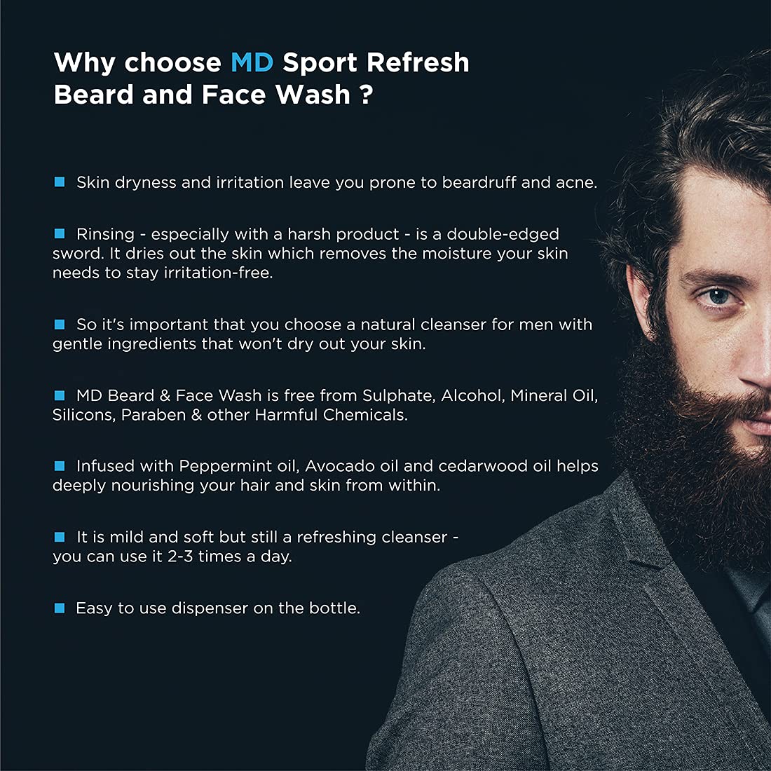 Men Deserve Sport Refresh Beard & Face Wash With Peppermint Oil Avocado Oil & Cedarwood Oil (Sulphate Free & Paraben Free) 100ml