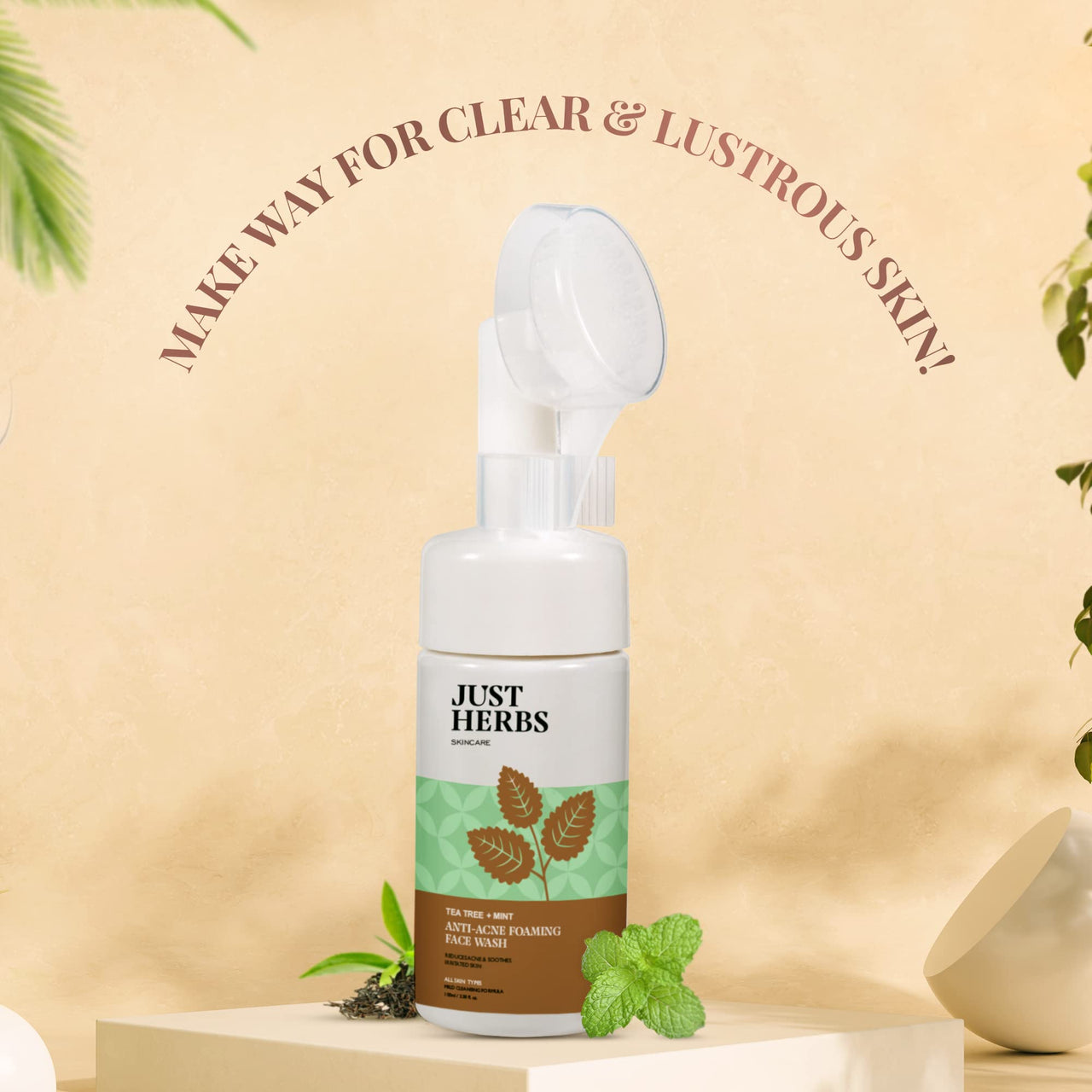 Just Herbs Anti Acne Foaming Face Wash Men Women With Tea Tree and Mint for Oil Control, Glowing Skin Brush - 100ml