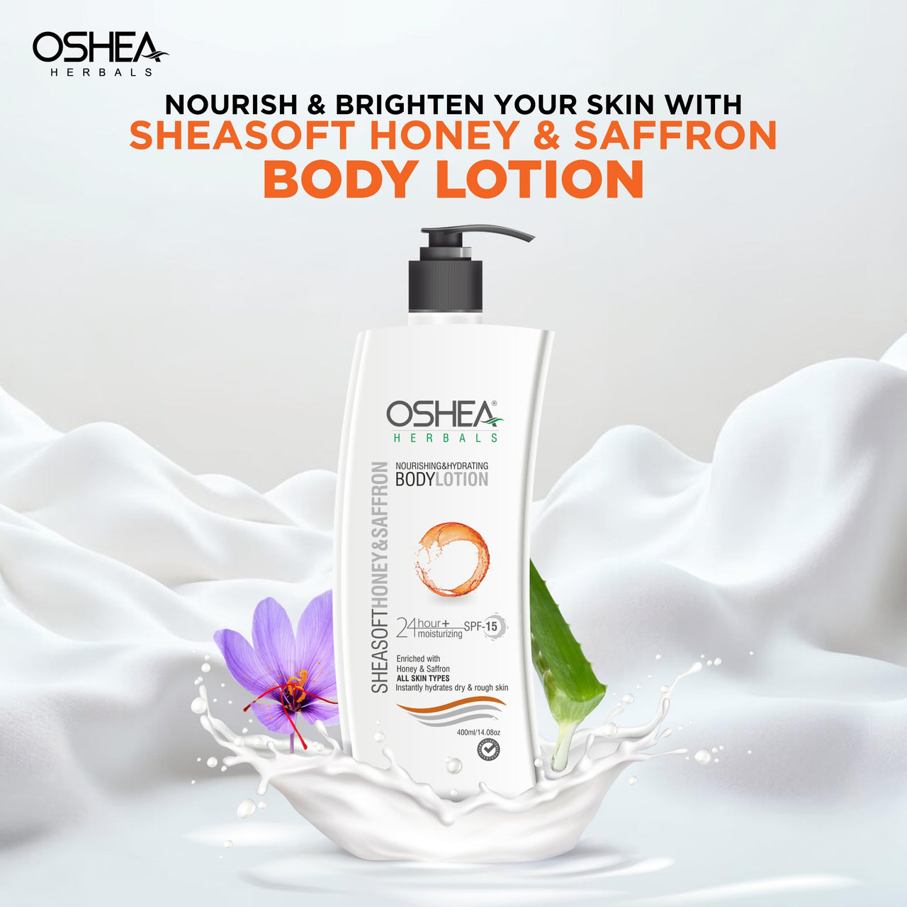 Oshea Herbals Sheasoft Honey & Saffron Lotion for Men & Women | All Skin Types with SPF 15 | 24+ Hours Moisturization & Instant Hydration | Enriched with Honey & Saffron - 400ml