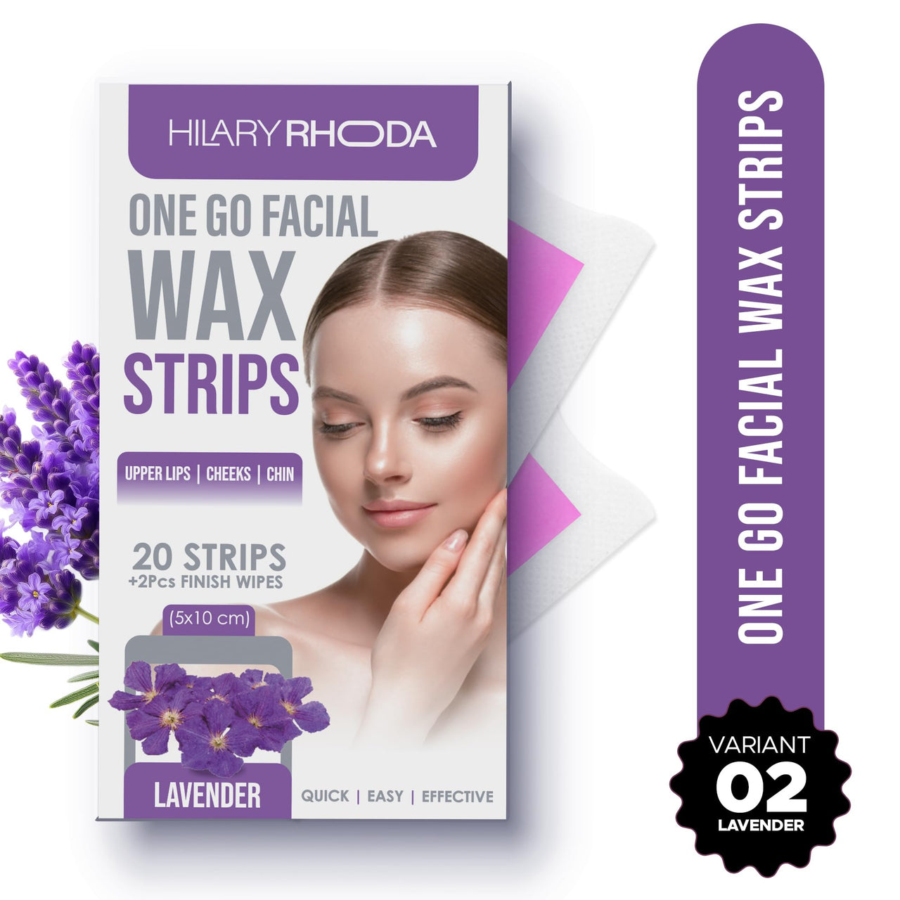 Hilary Rhoda One Go Facial Wax Strips | Ready-To-Use | Face, Cheek, Upper Lip & Chin Facial Wax | Painless Hair Removal | With 2 Finish Wipes | 20 Strips (Lavender)
