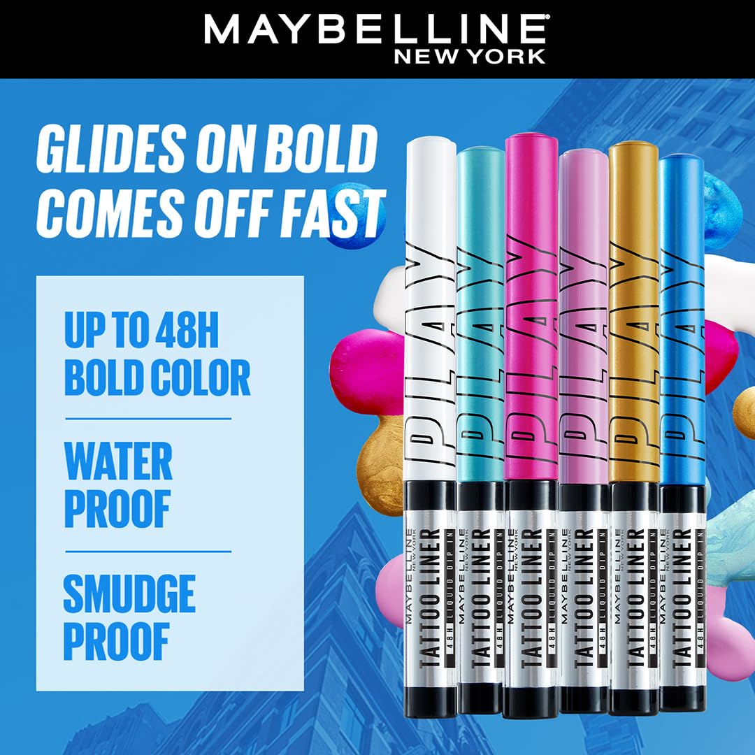 Maybelline New York Tattoo Play Blue Liquid Eyeliner - Switch, Upto 48 Hours Bold Color, Water-proof Eyeliner & Smudge-proof. Maybelline High-impact Color Liner, Vegan Formula | 2.1ml