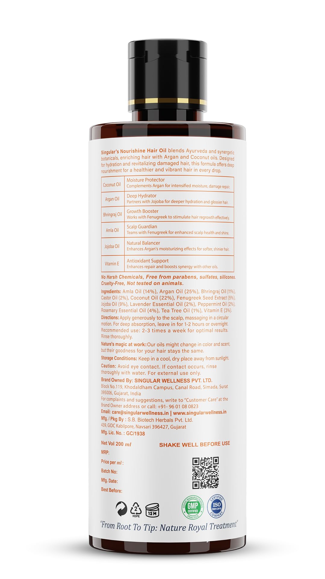 Singular Nourishine Hair Oil for Restores Hydration & Revitalizes Damaged Hair | Pure & Natural Cold Pressed Oil Infused with Nature's Best Coconut, Argan, Bhringraj, Amla, Jojoba Oil with Vitamin E | Ideal for Dry, Damaged & Chemically Treated Hair | 400