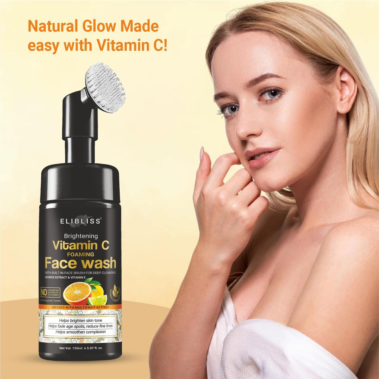 Elibliss Brightening Vitamin C Foaming Face Wash with Built-in Brush for Deep Cleansing | Enriched with Vitamin E & Licorice Extract | Helps Fade Dark Spots, Brighten Skin Tone & Smoothen Complexion