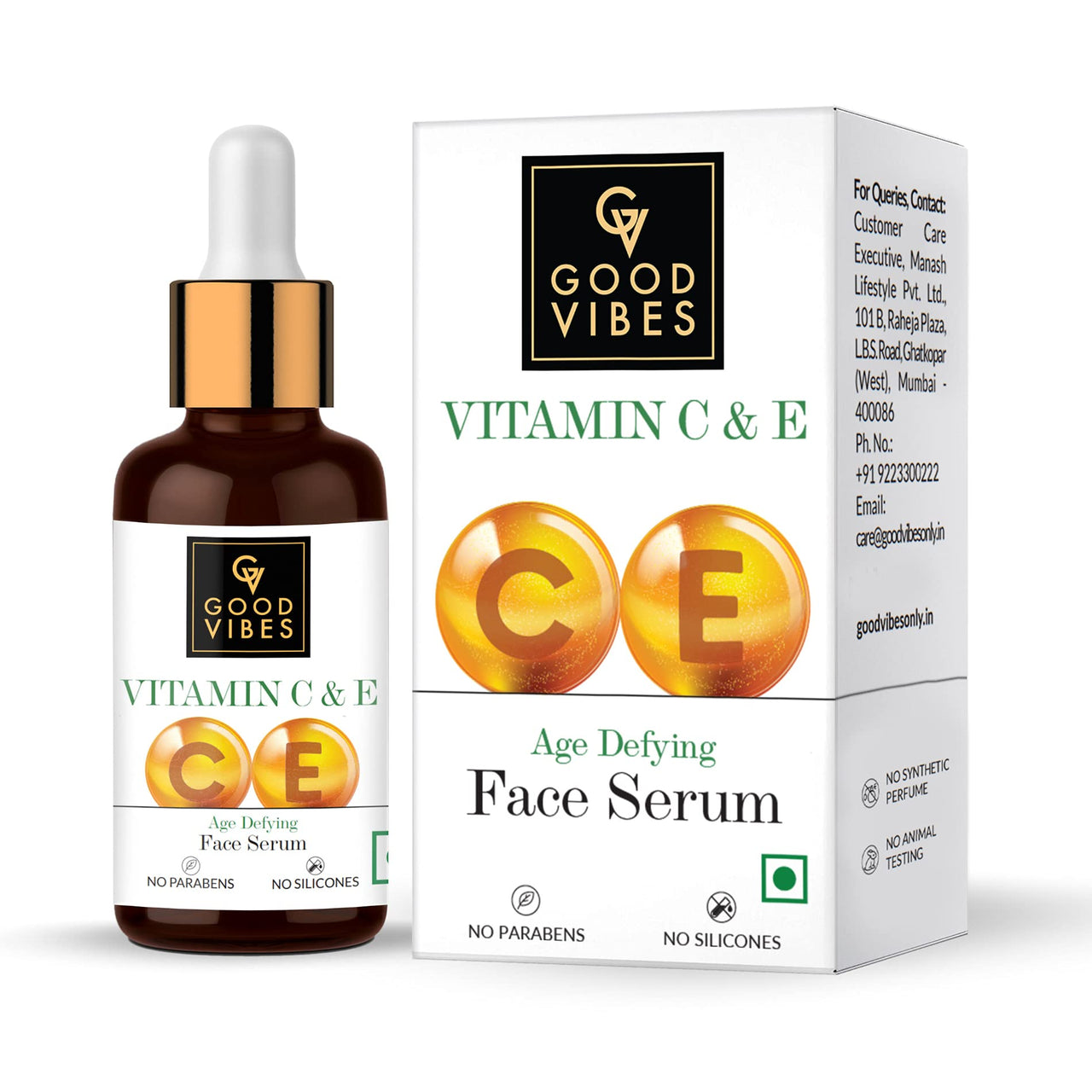 Good Vibes Vitamin C & Vitamin E Age Defying Serum, 30 ml Light Weight Non Greasy Helps Reduces Wrinkles Skin Repair, Naturally Glowing Face Serum, No Parabens & Sulphates, No Animal Testing