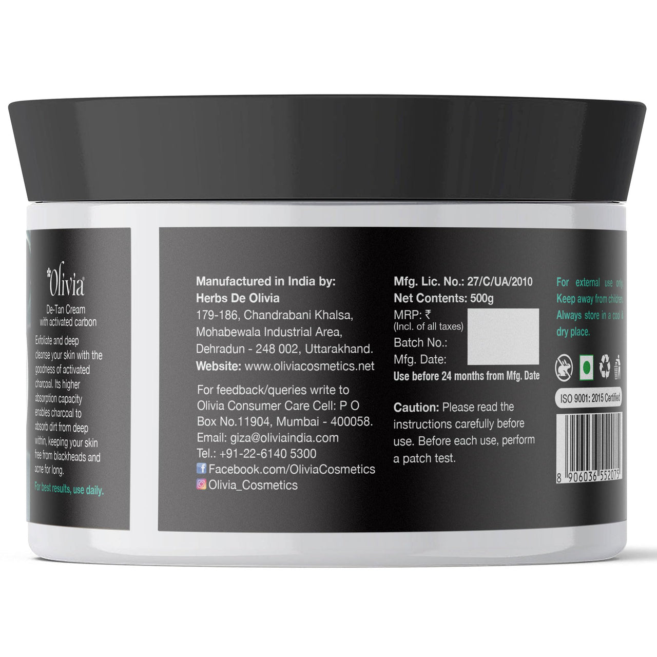 Olivia De-Tan Cream with Activated Carbon | Heavy Tan Removal & Brightening Cream for Face | Tan Removal for Women & Men | Removes Blackheads, Dark Spots & Prevents Acne | 500g - For All Skin Types
