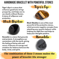 Crystal Vibe Triple Protection Bracelet - 10mm Bead Bracelet for women men With Natural Stones of Tiger Eye Hematite and Black Obsidian - Healing Crystal Bracelet for Good Luck Prosperity Happiness