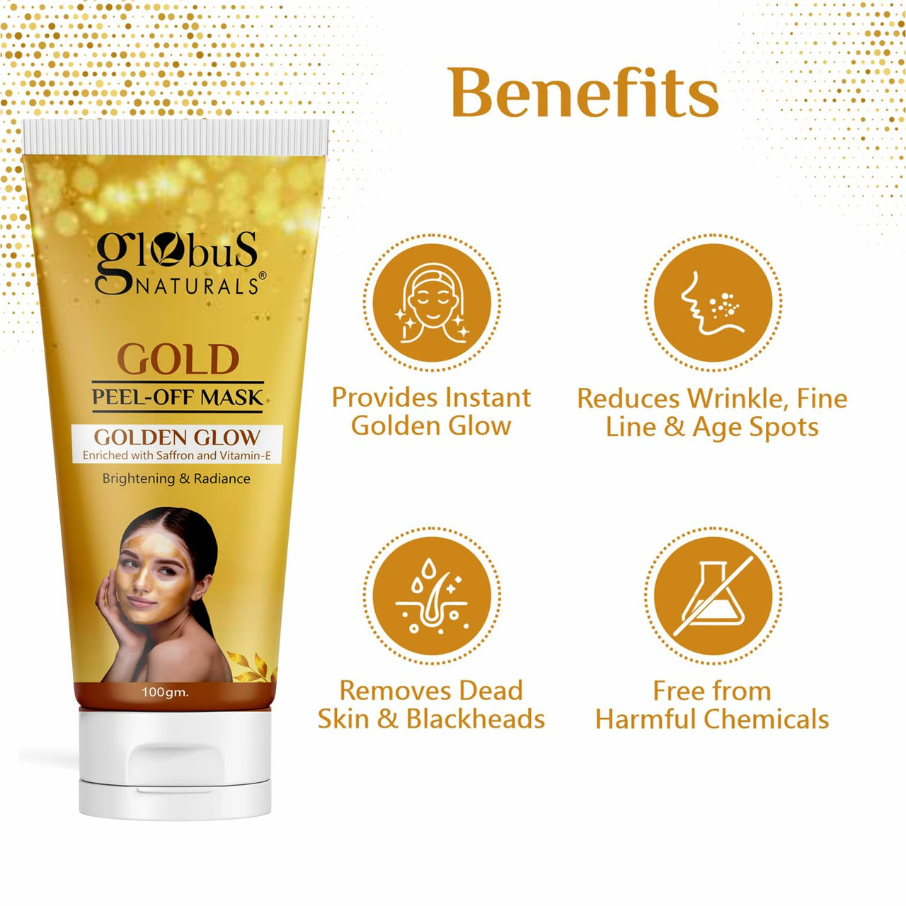Globus Naturals Gold Peel Off Mask Enriched with Vitamin-E, For Golden Glow & Radiance, For Both Men & Women, Suitable For All Skin Types, 100g