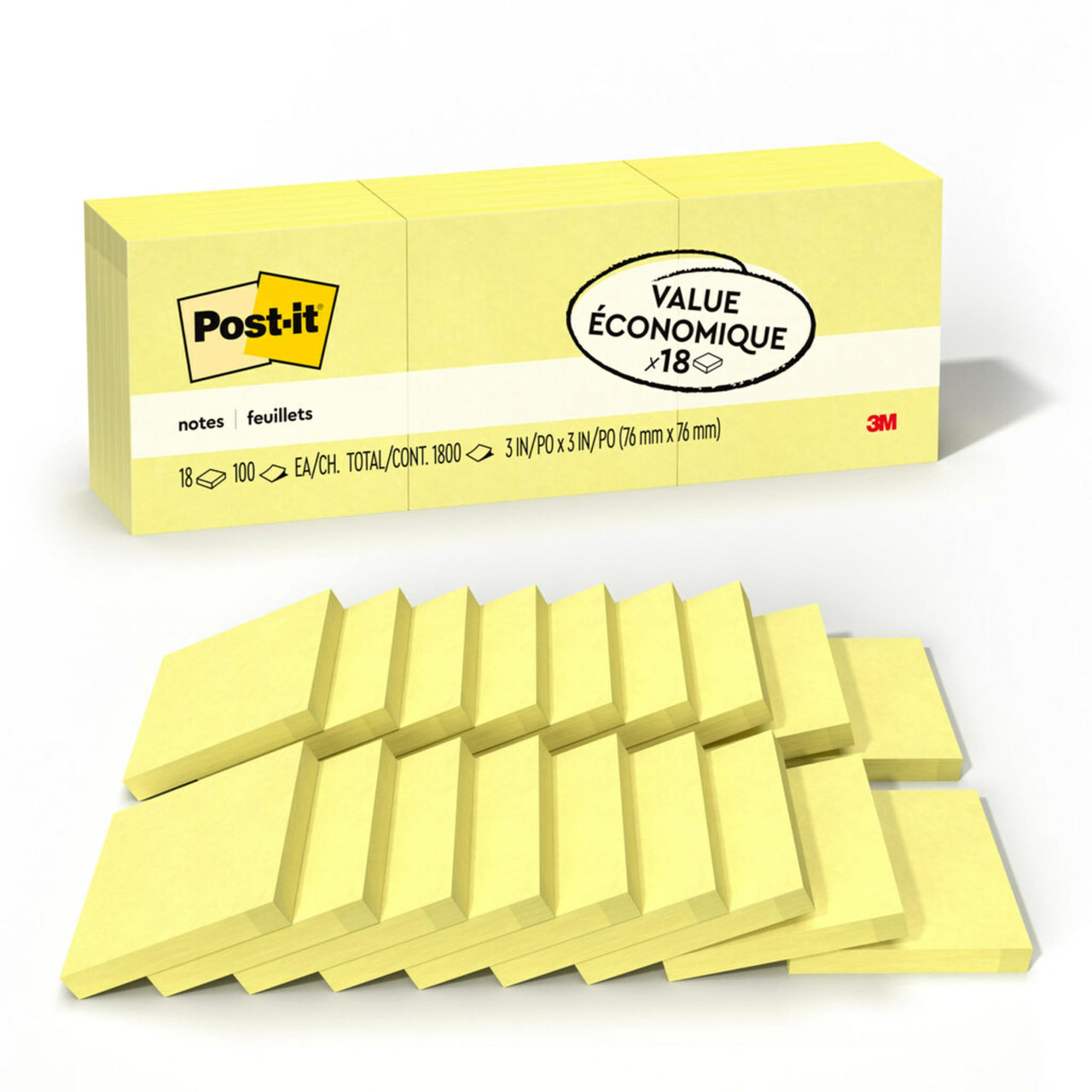 Post-it Notes, 3x3 in, 18 Pads, Canary Yellow, Clean Removal, Recyclable