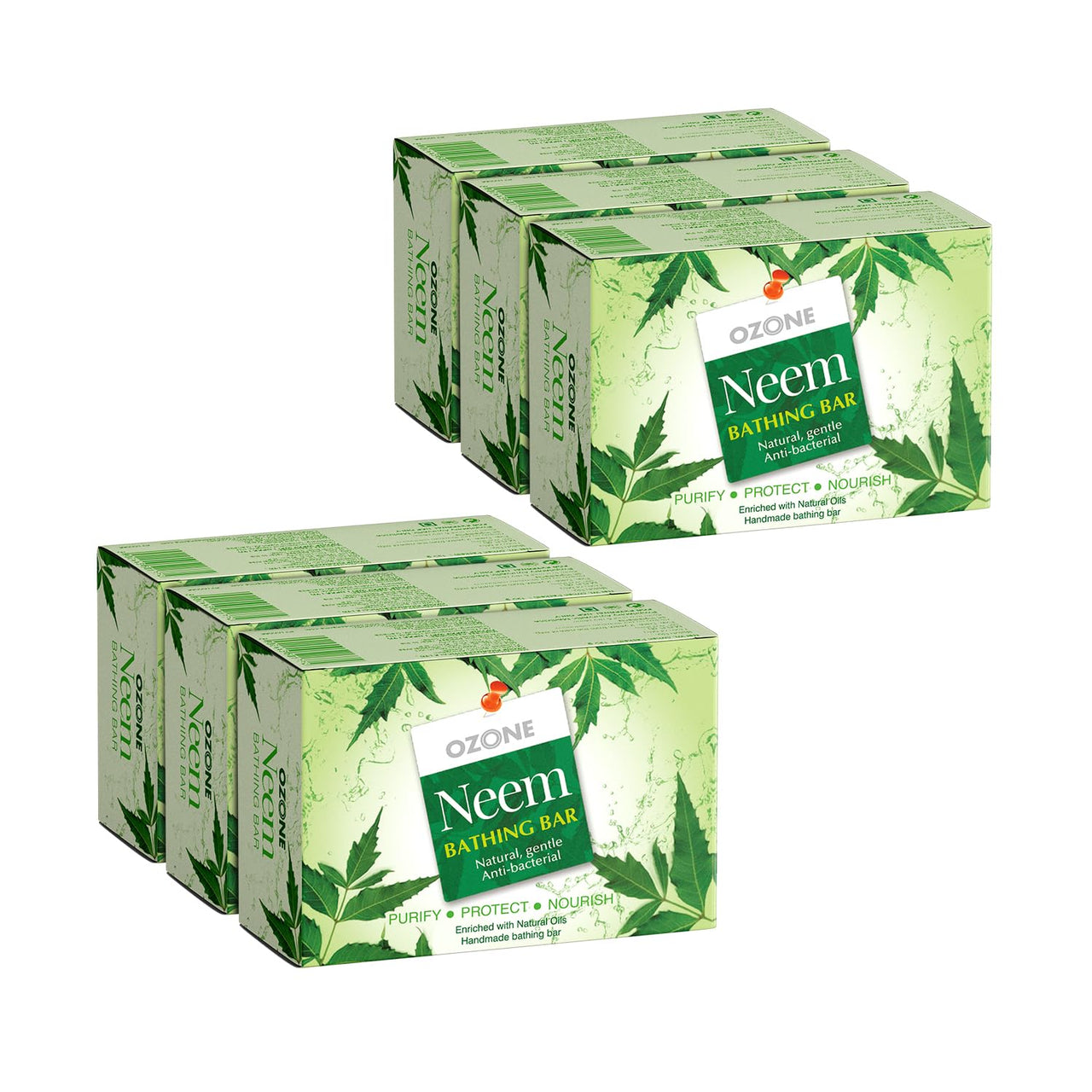 Ozone Neem Bathing Bar | Anti-Bacterial Soap for Acne & Rashes | Enriched with Neem, Coconut Oil & Castor Oil | Paraben-Free | 125g (Pack of 6)