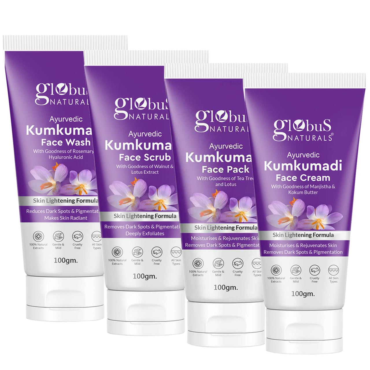 Globus Naturals Kumkumadi Skin Lightening Face Care Combo, Set of 4, Face Wash, Face Scrub, Face Cream & Face Pack