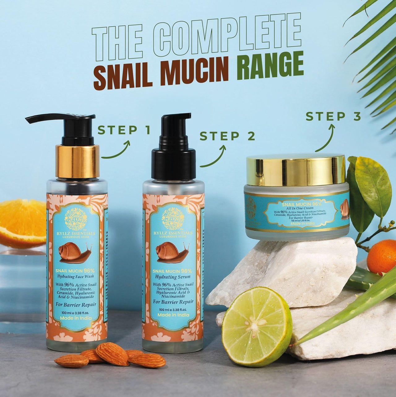 RYLLZ ESSENTIALS Snail Mucin 96% Power Repairing Essence | Face Serum | with 96% Snail Secretion Filtrate, 5% Niacinamide, Hyaluronic Acid & Betaine | for Intense Hydration, Barrier Repair, Glowing Skin, Blemishes, Anti Aging, Skin Firming, Wrinkles & Spo