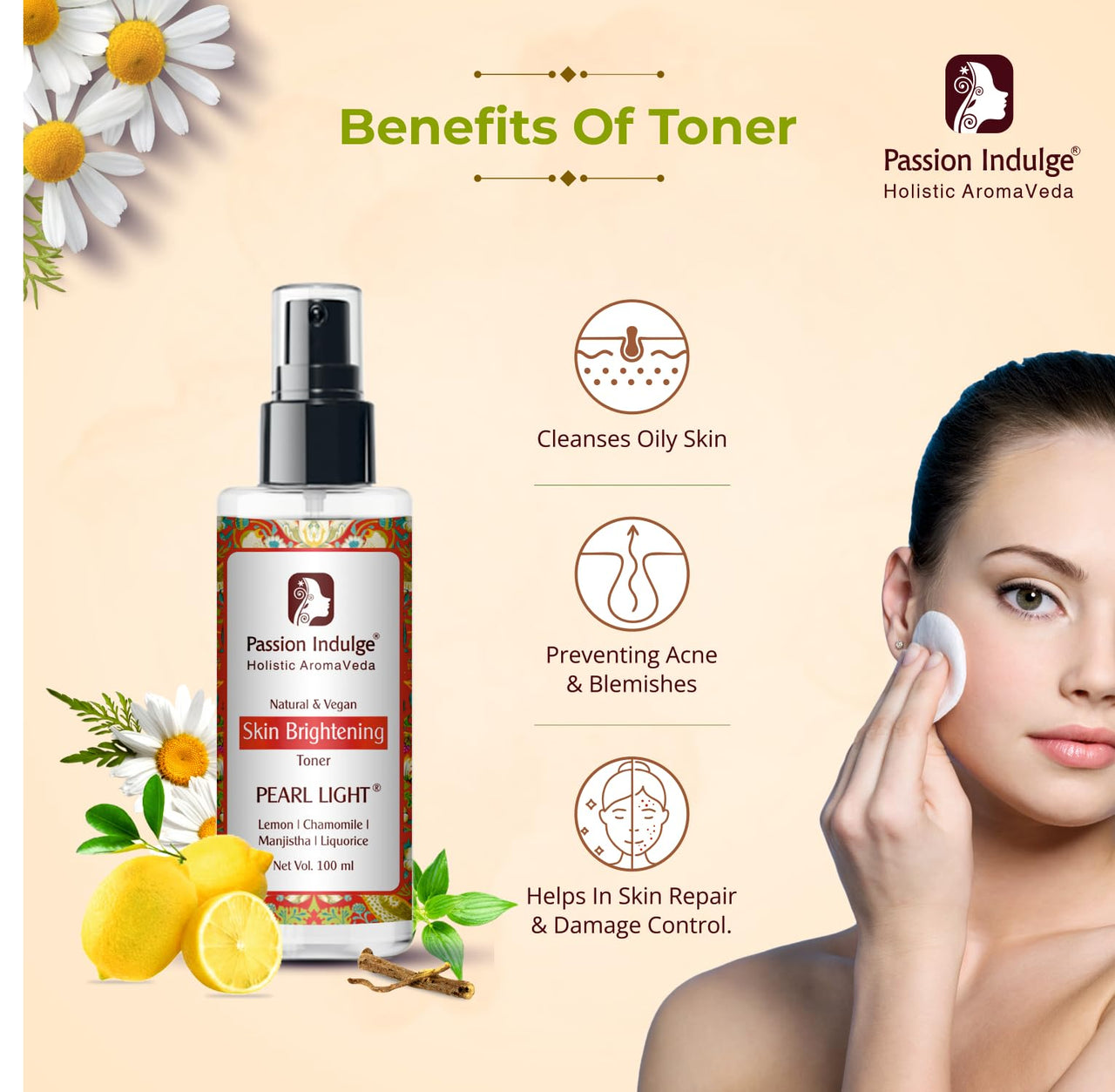 Passion Indulge Natural Pearl Light Cleanser 100ml & Pearl Light Toner 100ml Combo Pack For Clear Complexion, Skin Brightening & Lightening With Lemon Chamomile & Manjistha | All Skin Types | Vegan