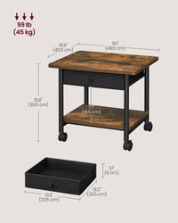 VASAGLE Printer Stand, Under Desk Printer Stand with Wheels, Drawer with Divider, Bottom Shelf, Fits Inkjet, Laser, Photo, All-in-One Printers, Home Office, Rustic Brown and Ink Black UOPS004B01 2-Tier with Drawer