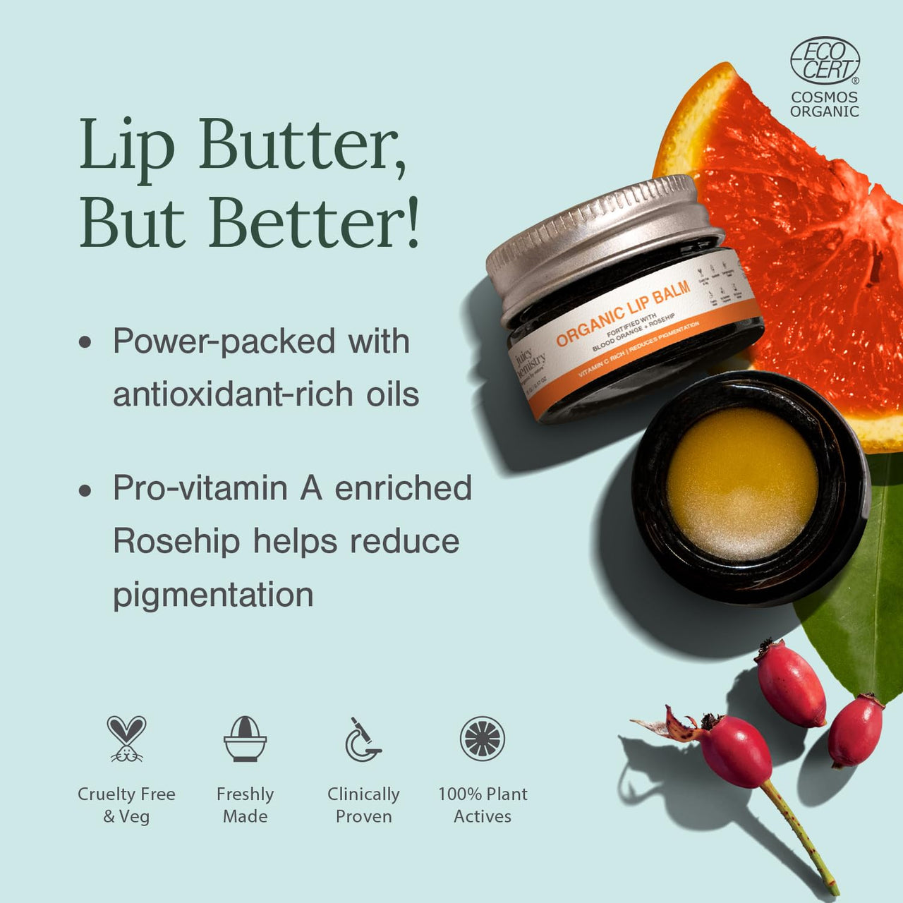 Juicy Chemistry Blood Orange & Rosehip Lip Balm, 5 G |Enriched with Natural Ceramides to Hydrate, Moisturise & Reduce Pigmentation|Formulated with Organic Castor Oil, Jojoba Oil and Vitamin E