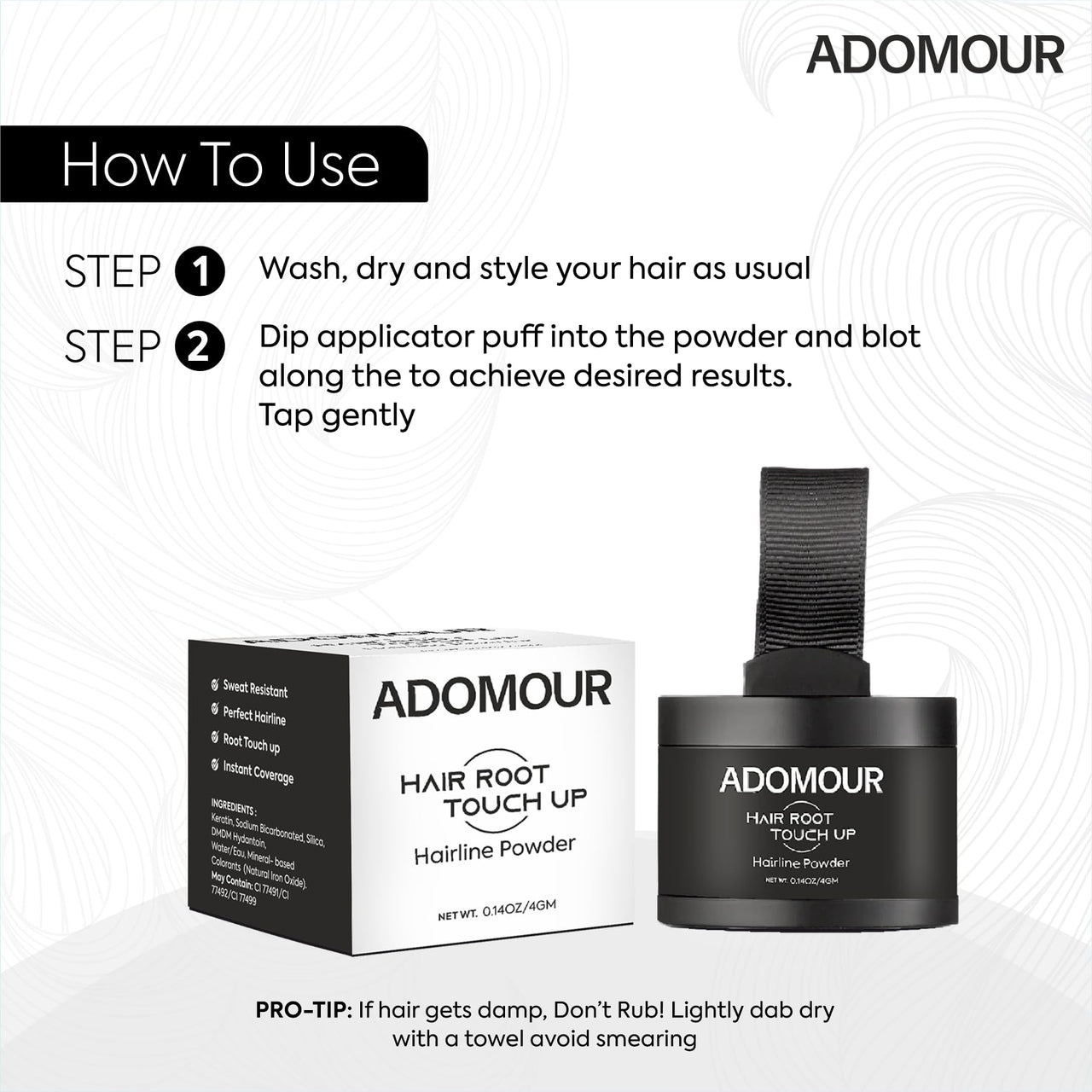 ADOMOUR Root Touchup Powder 4g | Covers Hairline, Grey Roots & Bald Spots Instantly | Sweat & Stain Resistant 24HR | Long Lasting & Natural Finish | Cover Up Hair Powder for Men & Women (Medium Brown)