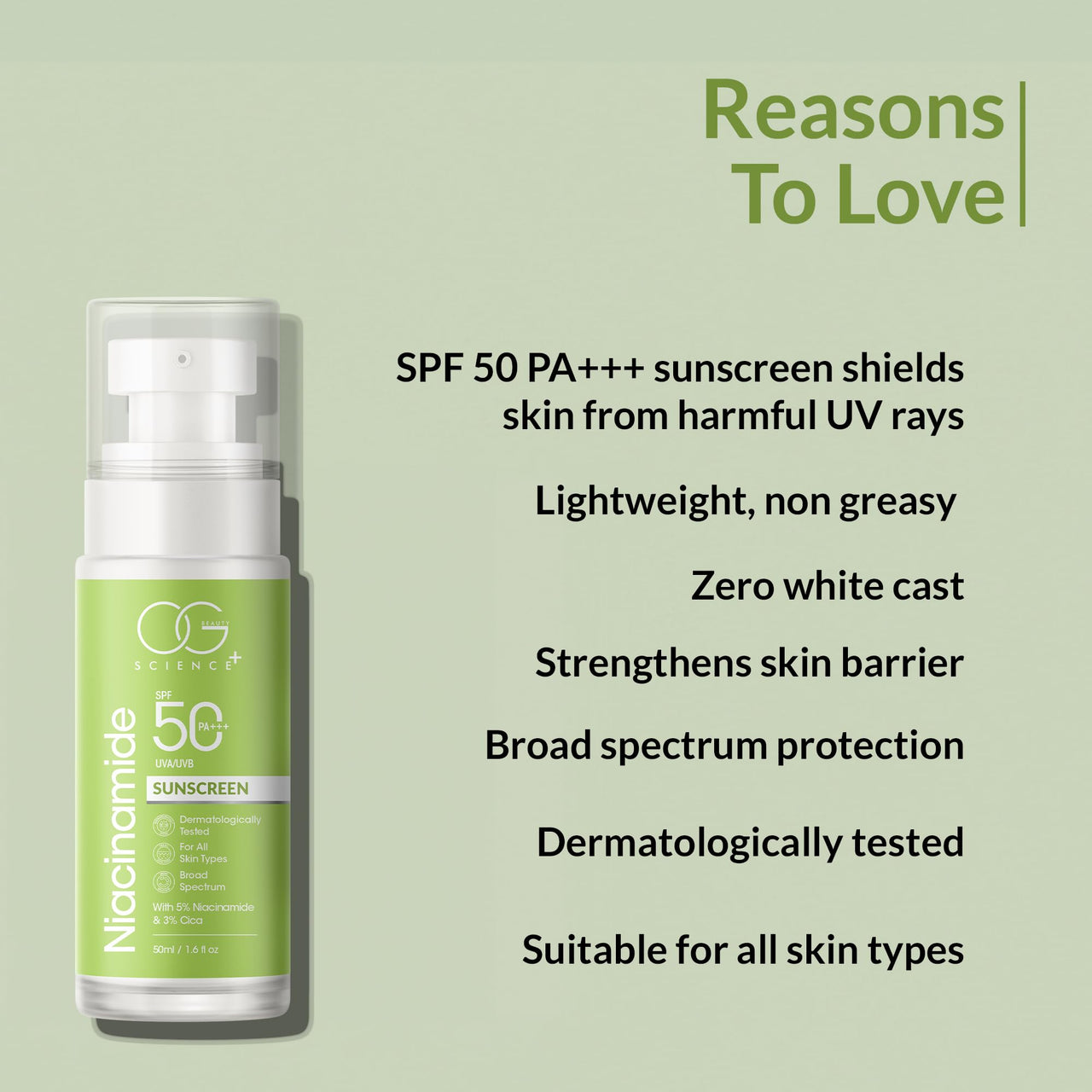 OG BEAUTY SCIENCE SPF 50 PA+++ Sunscreen | 5% Niacinamide & 3% Cica | Broad Spectrum UV Protection | Soothing & Hydrating | Dermatologically Tested | 50ml
