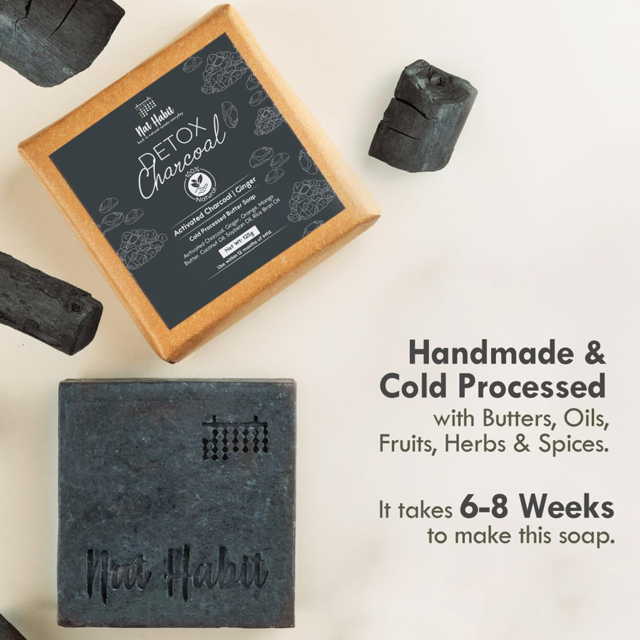 Nat Habit Detox Charcoal Butter Bath Soap With Ayurvedic Cold Processed For Detoxification, Tan Removal, Blackheads &Skin Soothing (125gm)