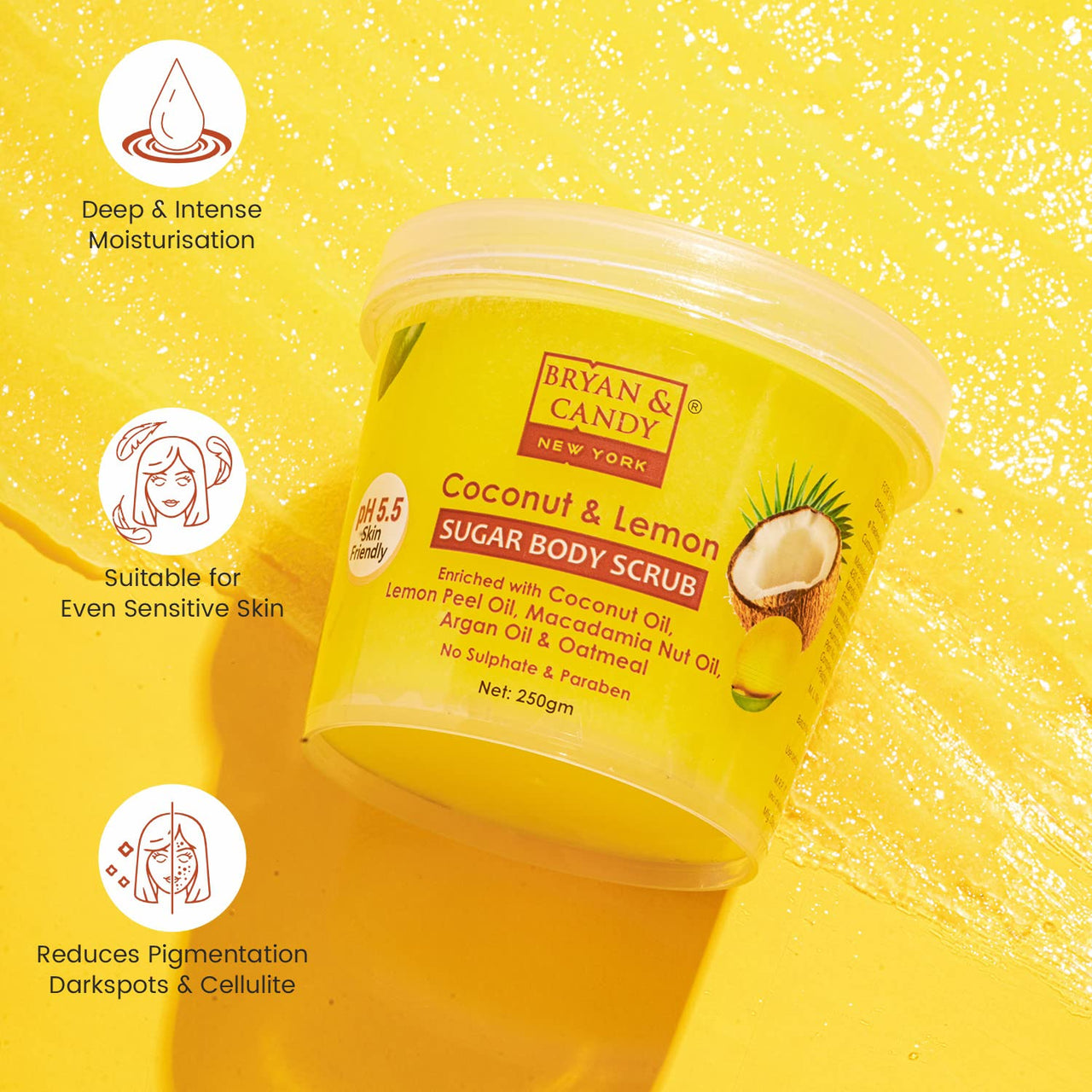 Bryan & Candy Coconut & Lemon Sugar Body Scrub PH 5.5 For Tan Removal & Exfoliation | For Women & Men |Coconut oil, Lemon peel oil, Oatmeal, Macadamia and Argan oil for smooth skin - 250g