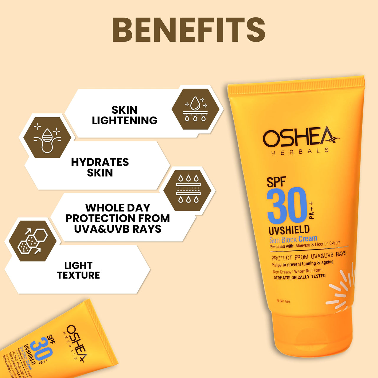 Oshea Herbals UVShield Sunscreen SPF 30 PA++ For All Skin Types | Non Greasy & Water Resistant | UVA & UVB Protection, Prevents Tanning & Ageing | Enriched with Aloe Vera & Licorice Extract - 120g