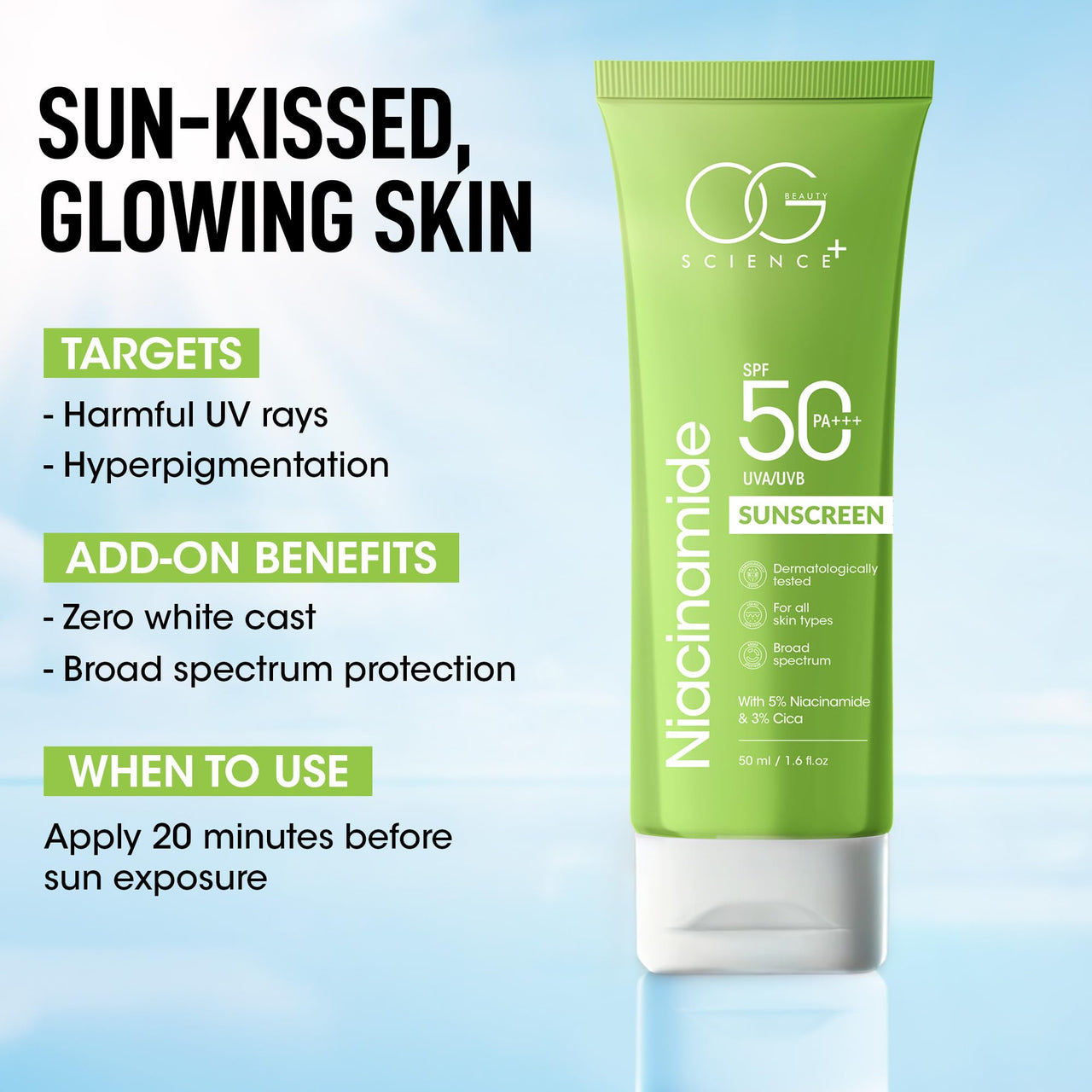 OG BEAUTY SCIENCE SPF 50 PA+++ Sunscreen | 5% Niacinamide & 3% Cica | Broad Spectrum UV Protection | Soothing & Hydrating | Dermatologically Tested | 50ml