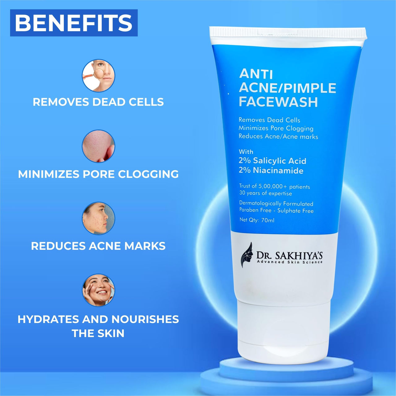 DR. SAKHIYA'S Anti Acne/Pimple Face Cleanser - With 2% Salicylic Acid And 5% Niacinamide –70ml(Pack Of 1) / Anti-Acne Cleanser For Face/Paraben & Fragrance-Free
