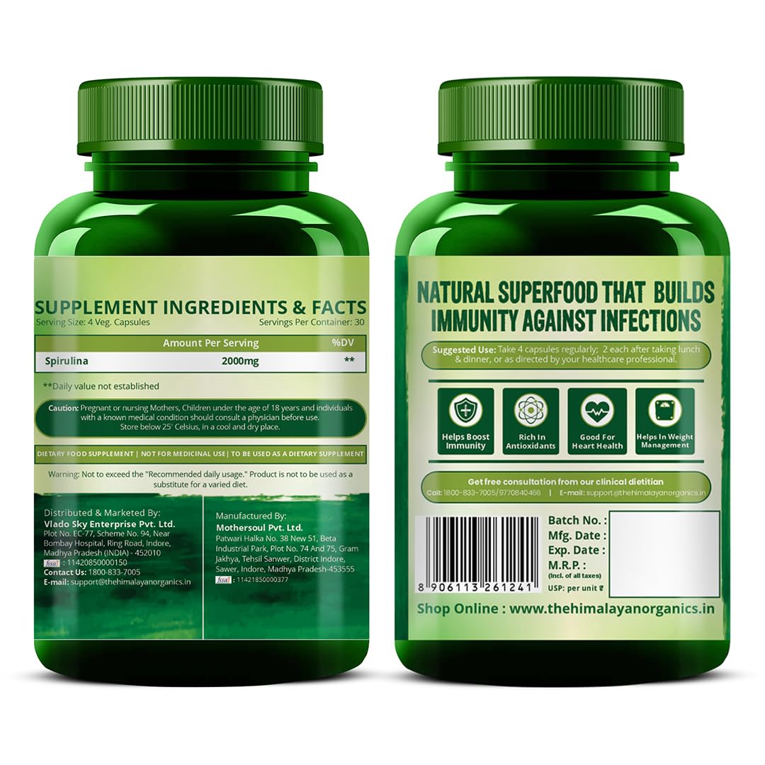 Himalayan Organics Spirulina 2000mg Per Serving - 120 Veg Capsules