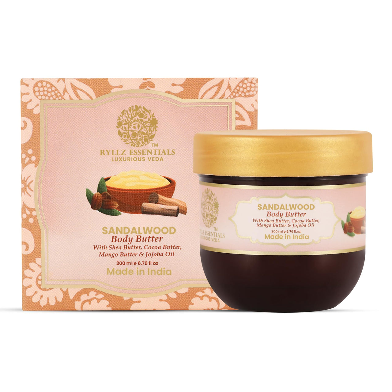 RYLLZ ESSENTIALS Sandalwood Body Butter | with Shea Butter, Cocoa Butter, Mango Butter, Niacinamide & Jojoba Oil | for 48Hrs Moisturisation, Stretch Marks, Dry/Itchy Skin & Uneven Skin Tone | 200 ml