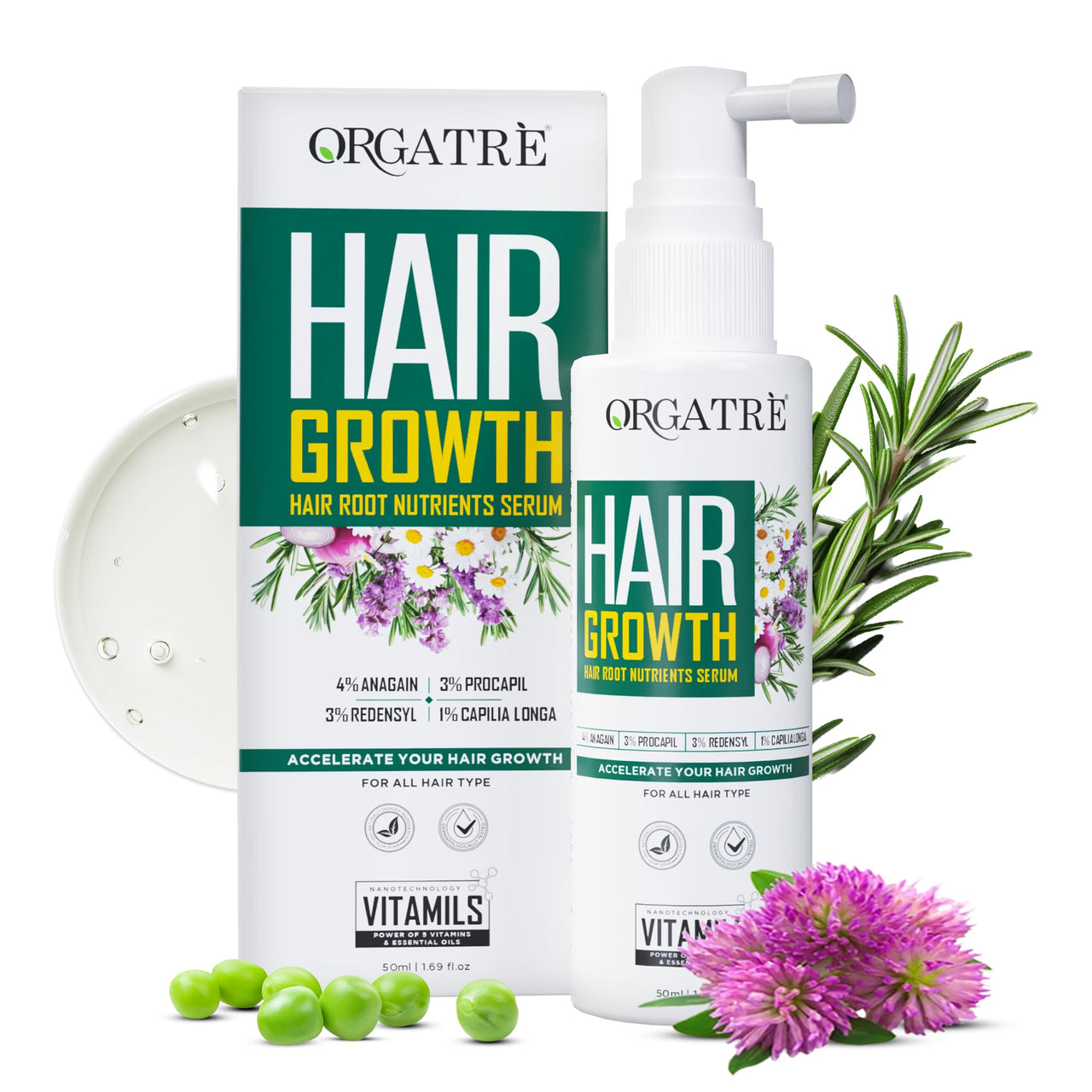 ORGATRE Hair Growth Serum for scalp - 50ml | 3% Redensyl, 4% Anagain, 3% Procapil, 1% Capilia Longa & Rosemary Oil | Scalp Treatment & Hair Tonic for Men & Women | Effective Hair Regrowth Formula