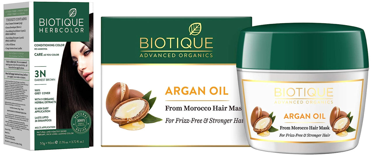 Biotique Bio Herbcolor Conditioning Hair Color, 50g + 110ml - Darkest Brown 3N (Pack of 1) & Biotique Argan Oil Hair Mask from Morocco (Ideal for Frizz -Free and Stronger Hair), 175g
