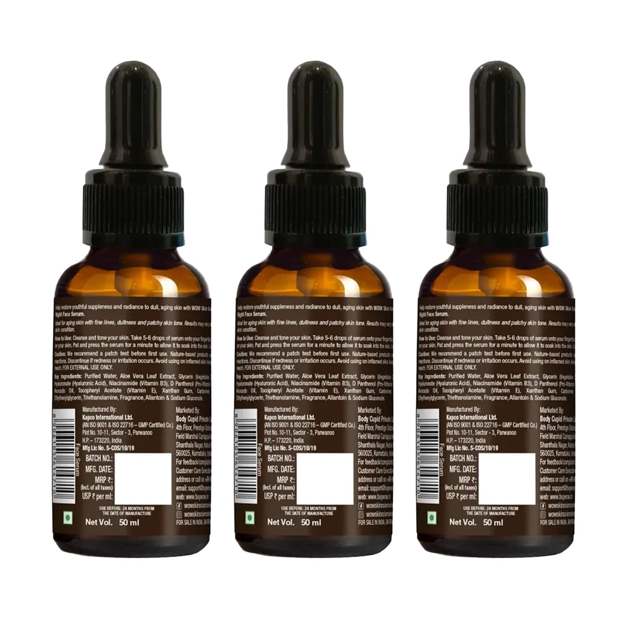 WOW Skin Science Anti Aging Night Face Serum|OIL FREE|Anti Wrinkle, Anti Dullness, Reviving|No Parabens, Silicones & Color|50mL|Pack of 3