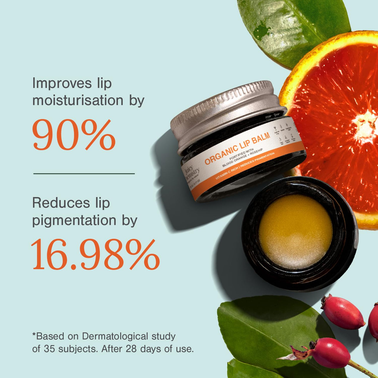 Juicy Chemistry Blood Orange & Rosehip Lip Balm, 5 G |Enriched with Natural Ceramides to Hydrate, Moisturise & Reduce Pigmentation|Formulated with Organic Castor Oil, Jojoba Oil and Vitamin E