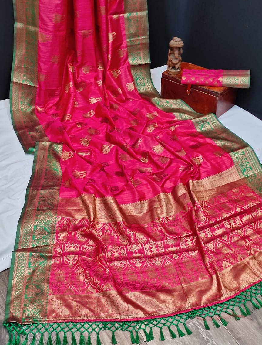 NK Textiles Women's  Elephant Motifs Woven Kanjivaram Ghicha Tussar Silk Saree with Fancy Tassels