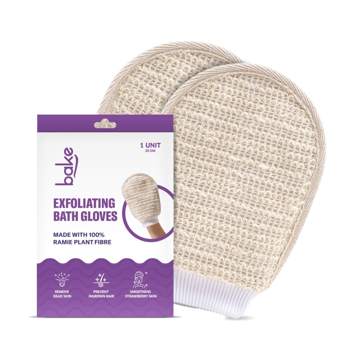 BAKE Exfoliating Bath Glove for Dead Skin, Tan Removal, Strawberry Skin, Body Acne & Ingrown Hair | 100% Ramie Plant Fibre, Body Exfoliator for Dry Patches | For Men & Women | 1 Glove (20g)